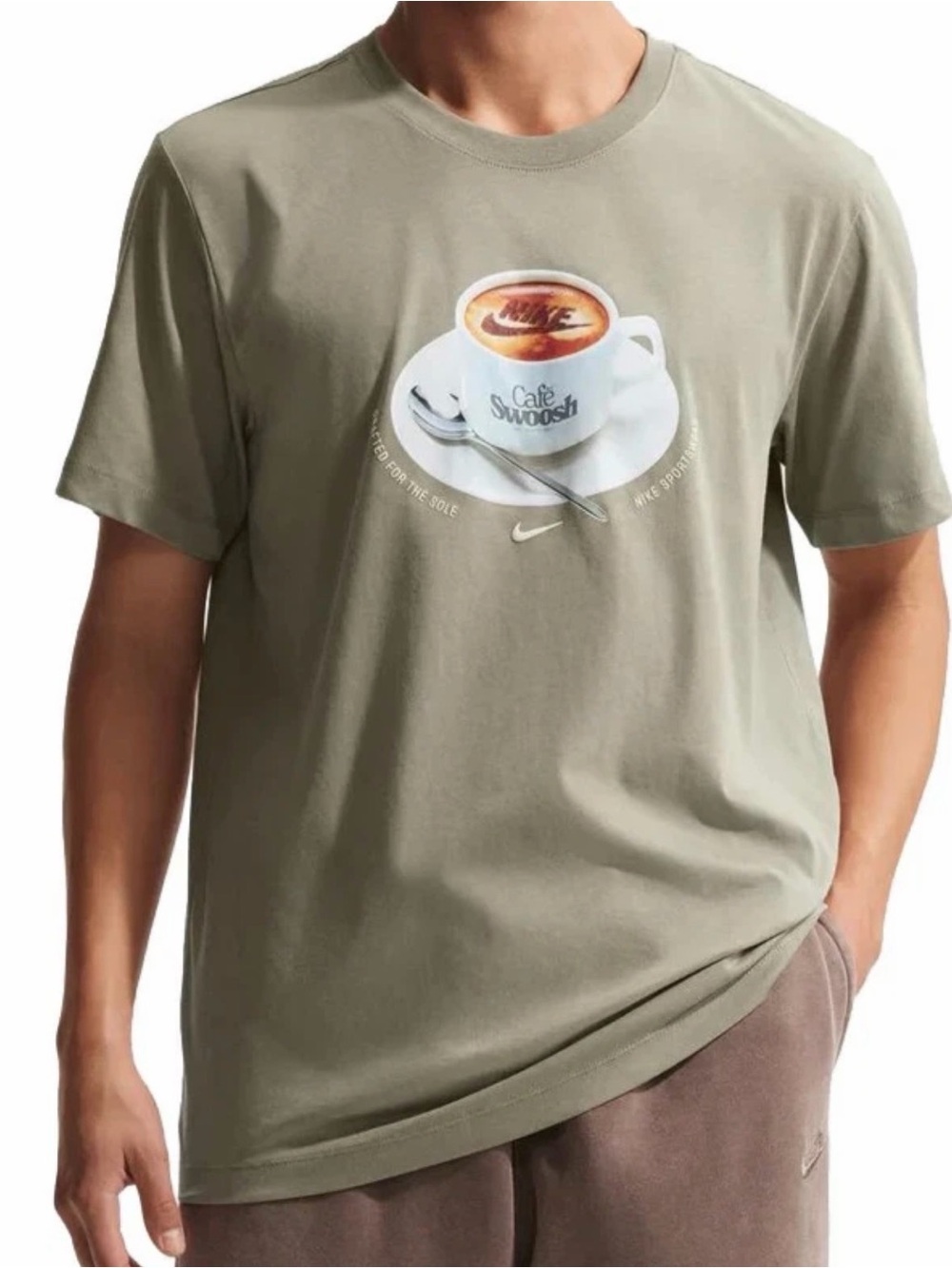 Nike Men's Olive Green Café Swoosh Graphic Short Sleeve Tee
